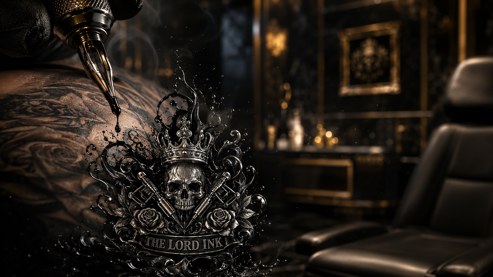 Luxury tattoo studio — gold machine over fresh ink beside the crowned crest