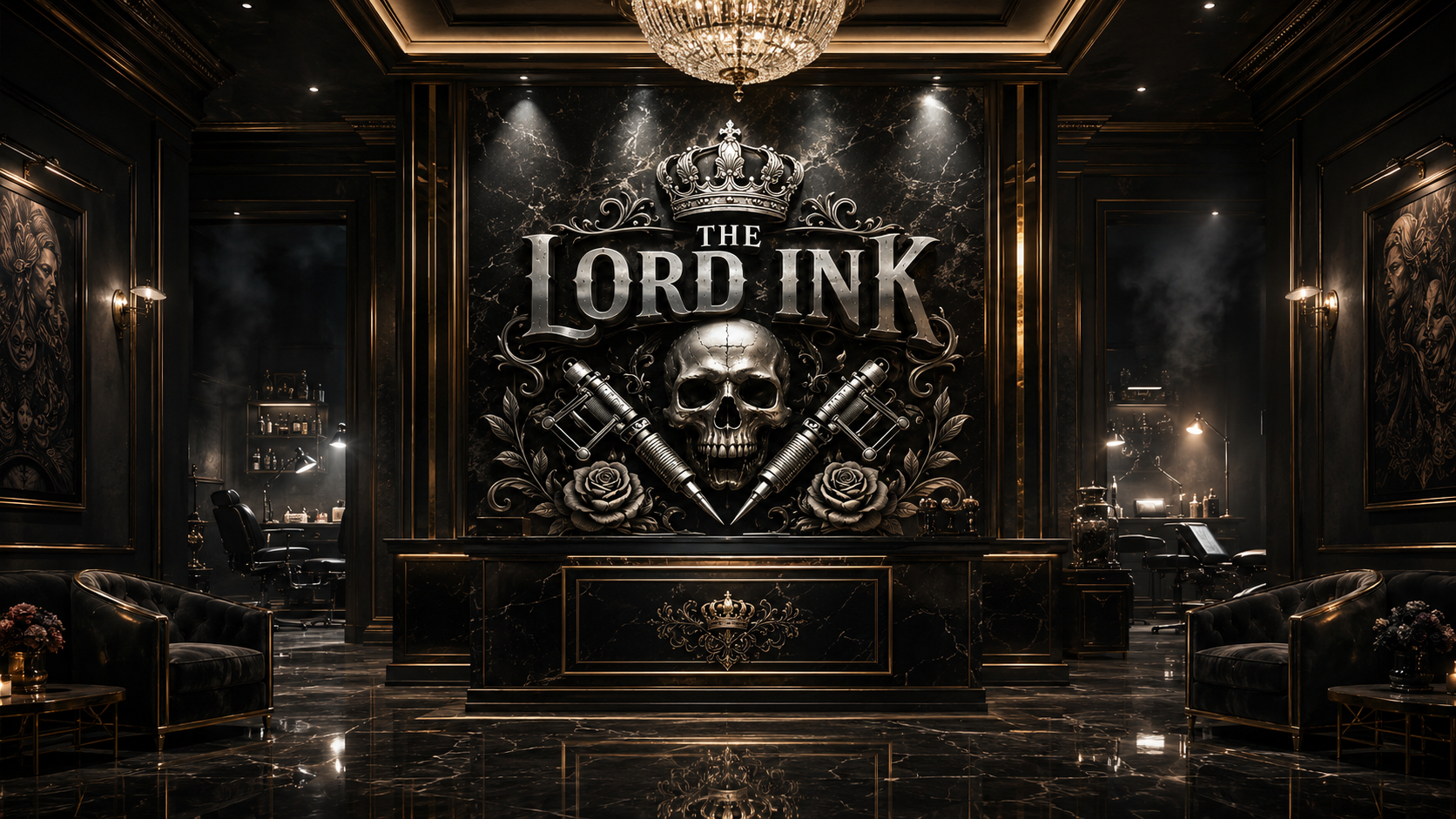 The Lord Ink reception — black marble, gold detailing and the crowned crest