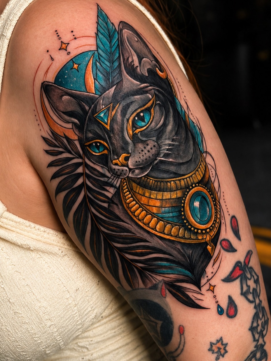 Neo-traditional colour tattoo of an Egyptian cat deity